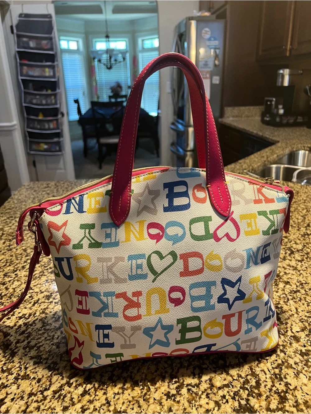 Dooney & Bourke Multicolor Logo Satchel with Pink Trim and Handles - Picture 2 of 6